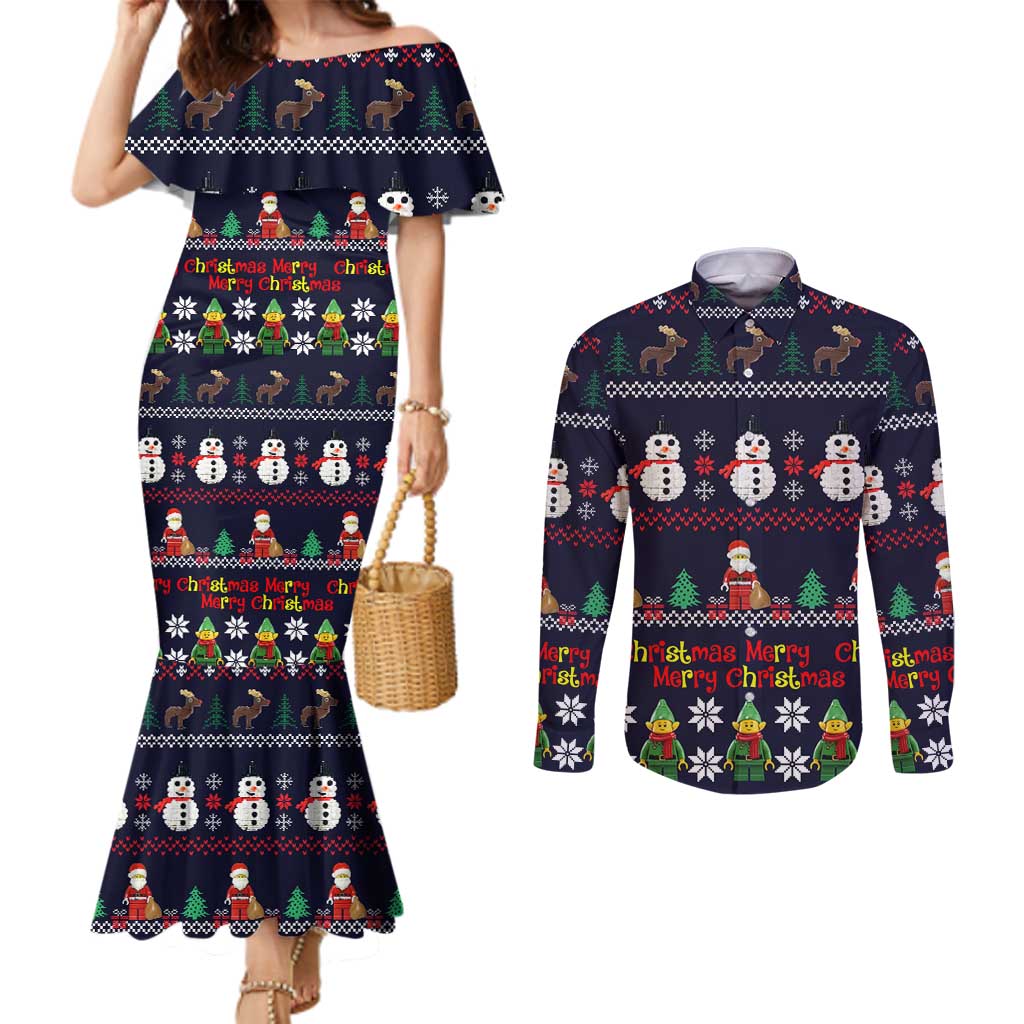 Lego Awesome Christmas Couples Matching Mermaid Dress and Long Sleeve Button Shirt Funny Xmas Holiday Patterns - Wonder Print Shop