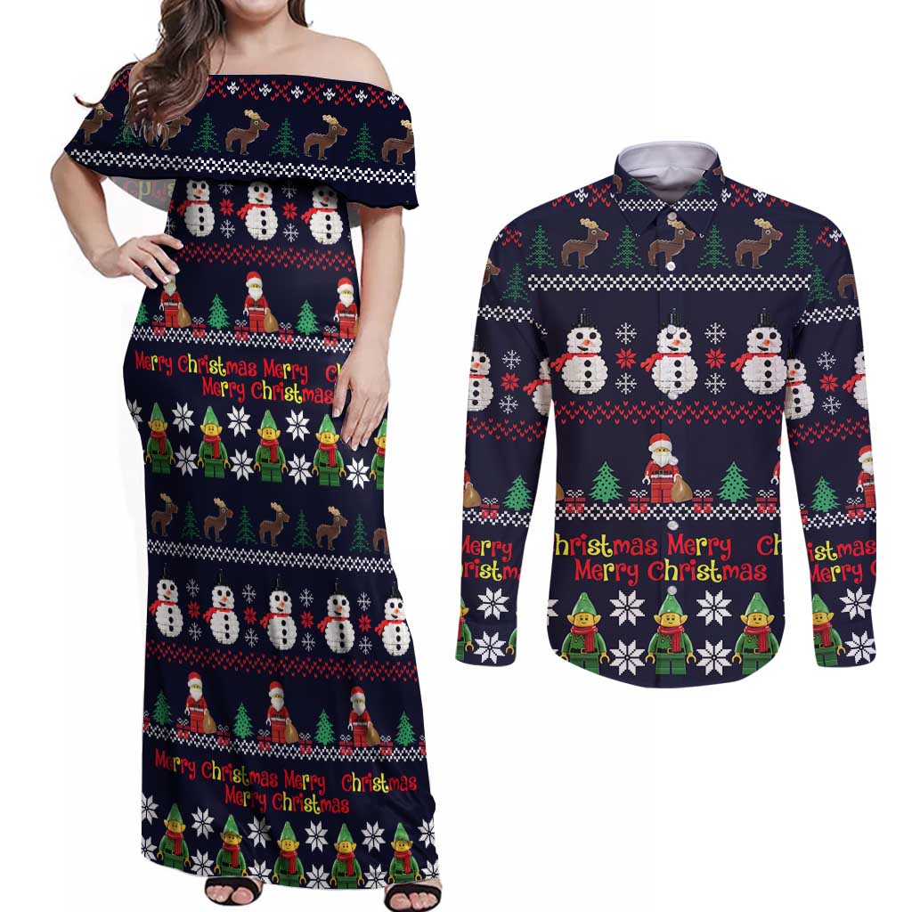 Lego Awesome Christmas Couples Matching Off Shoulder Maxi Dress and Long Sleeve Button Shirt Funny Xmas Holiday Patterns - Wonder Print Shop