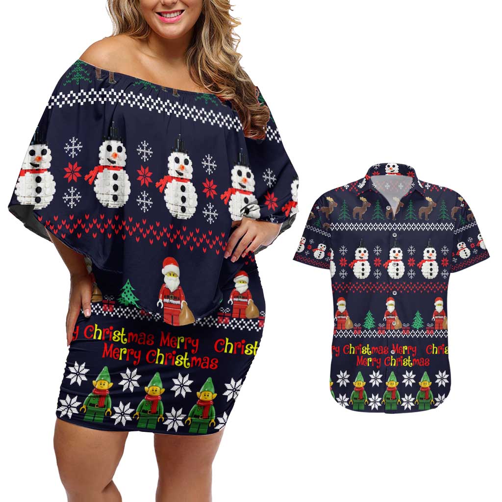 Lego Awesome Christmas Couples Matching Off Shoulder Short Dress and Hawaiian Shirt Funny Xmas Holiday Patterns - Wonder Print Shop