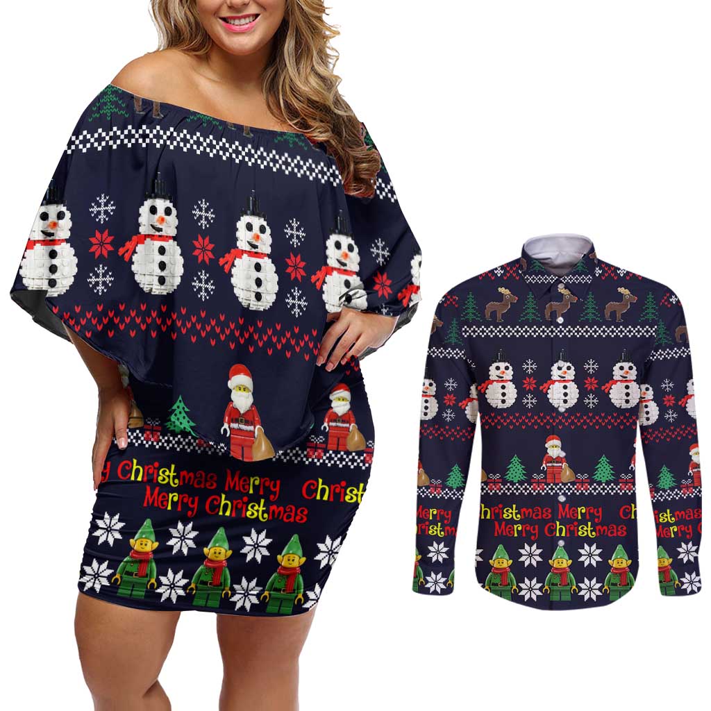 Lego Awesome Christmas Couples Matching Off Shoulder Short Dress and Long Sleeve Button Shirt Funny Xmas Holiday Patterns - Wonder Print Shop