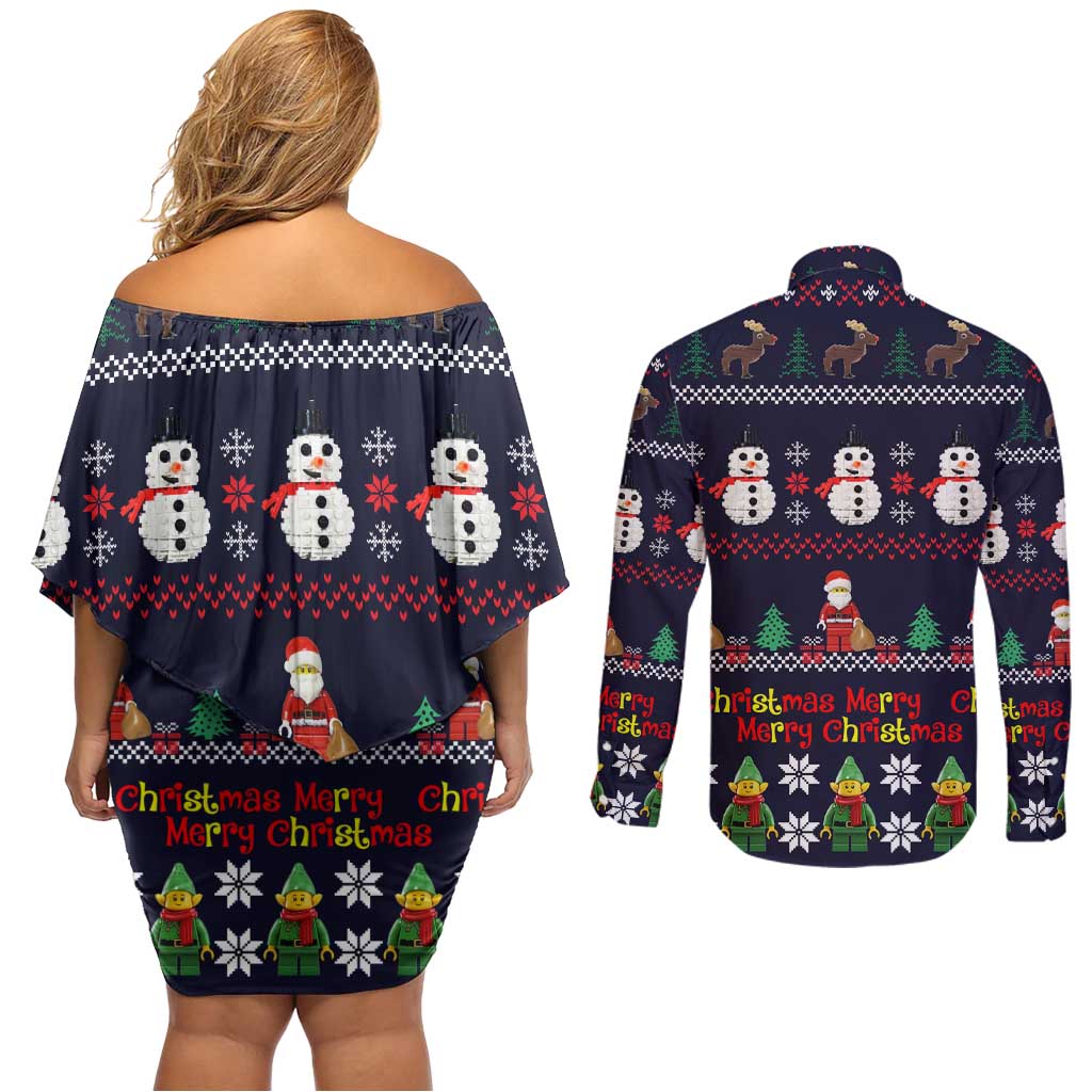 Lego Awesome Christmas Couples Matching Off Shoulder Short Dress and Long Sleeve Button Shirt Funny Xmas Holiday Patterns - Wonder Print Shop
