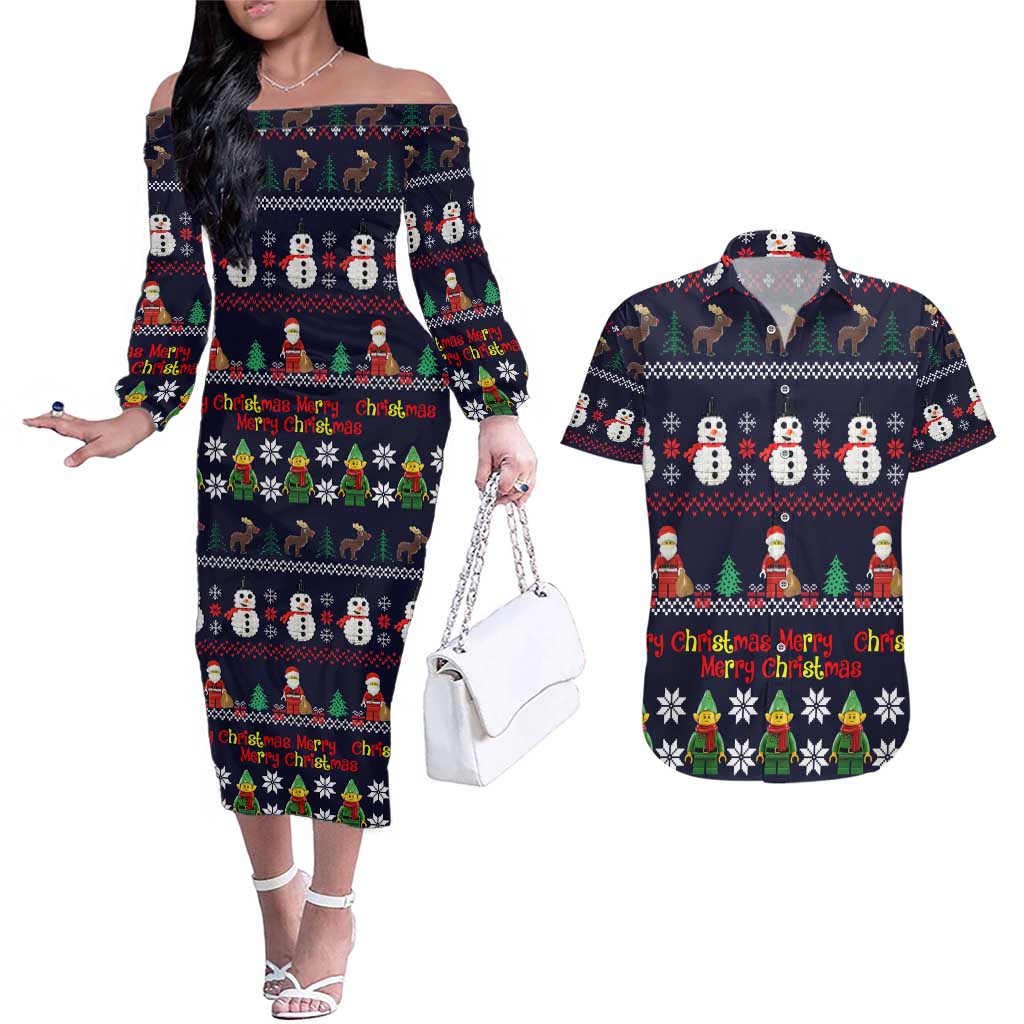 Lego Awesome Christmas Couples Matching Off The Shoulder Long Sleeve Dress and Hawaiian Shirt Funny Xmas Holiday Patterns - Wonder Print Shop