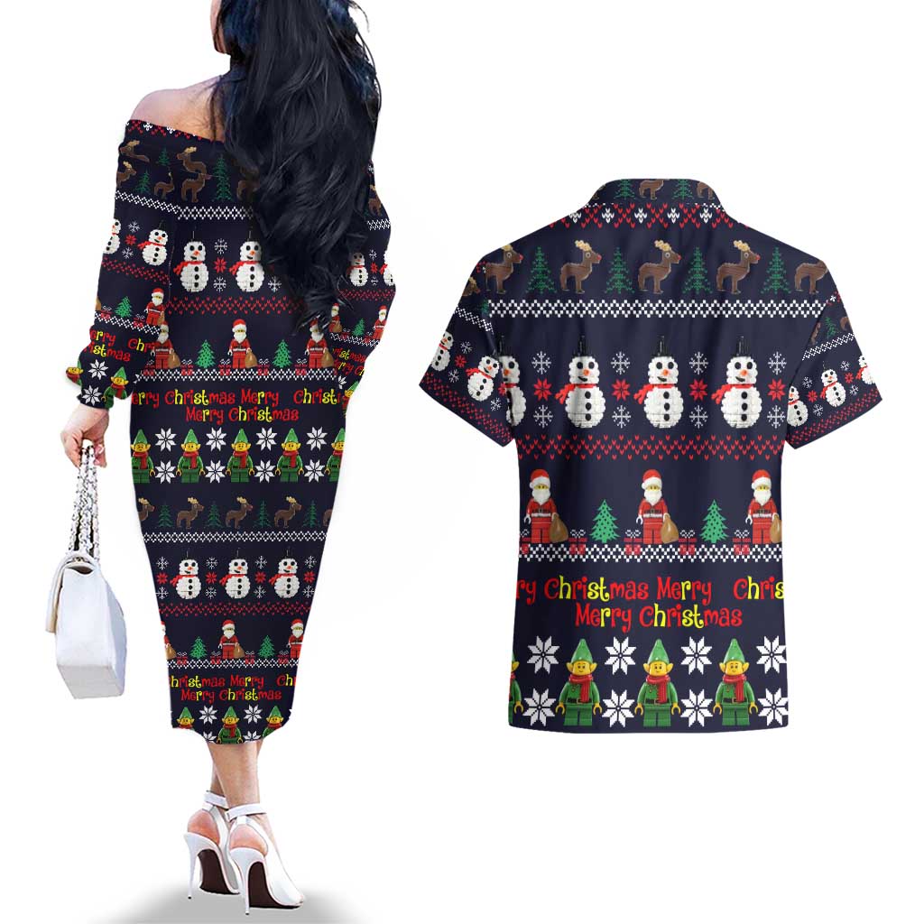 Lego Awesome Christmas Couples Matching Off The Shoulder Long Sleeve Dress and Hawaiian Shirt Funny Xmas Holiday Patterns - Wonder Print Shop