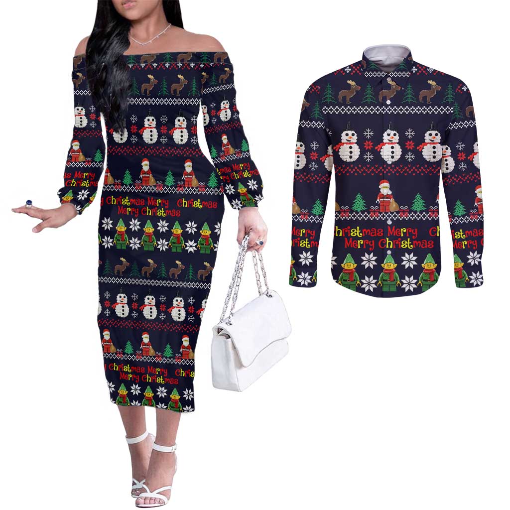 Lego Awesome Christmas Couples Matching Off The Shoulder Long Sleeve Dress and Long Sleeve Button Shirt Funny Xmas Holiday Patterns - Wonder Print Shop