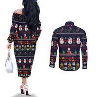 Lego Awesome Christmas Couples Matching Off The Shoulder Long Sleeve Dress and Long Sleeve Button Shirt Funny Xmas Holiday Patterns - Wonder Print Shop