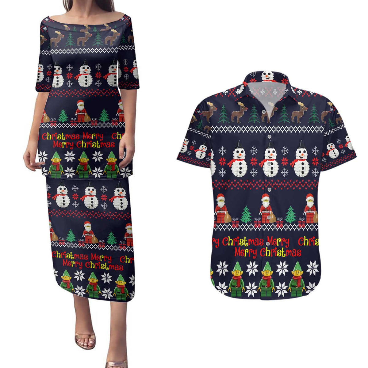 Lego Awesome Christmas Couples Matching Puletasi and Hawaiian Shirt Funny Xmas Holiday Patterns - Wonder Print Shop