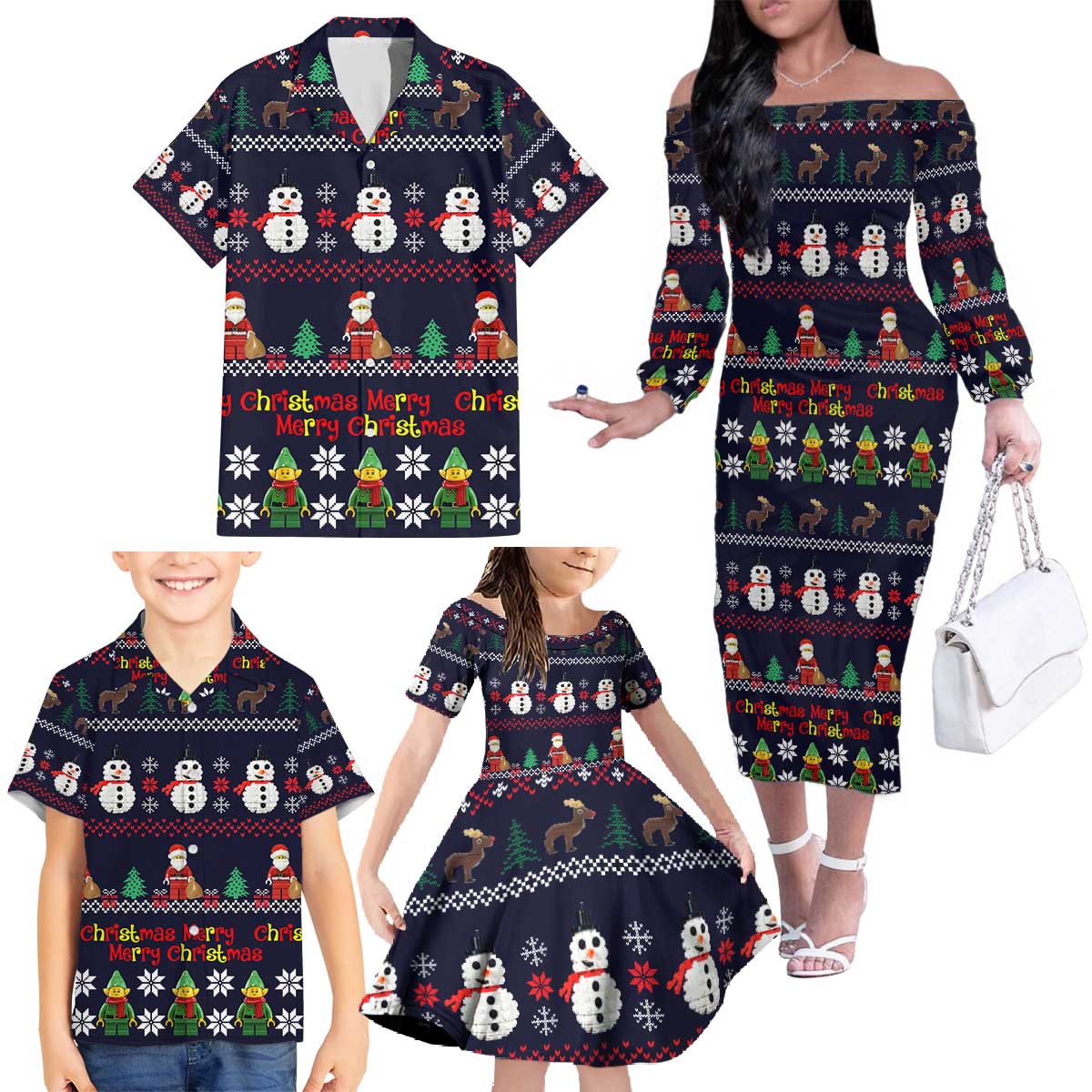Lego Awesome Christmas Family Matching Off The Shoulder Long Sleeve Dress and Hawaiian Shirt Funny Xmas Holiday Patterns - Wonder Print Shop