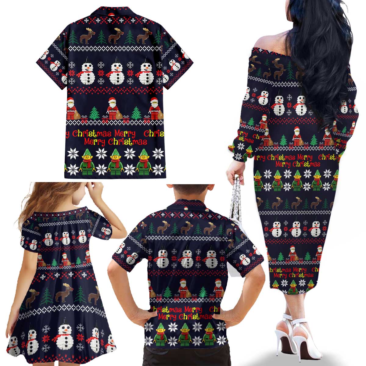 Lego Awesome Christmas Family Matching Off The Shoulder Long Sleeve Dress and Hawaiian Shirt Funny Xmas Holiday Patterns - Wonder Print Shop
