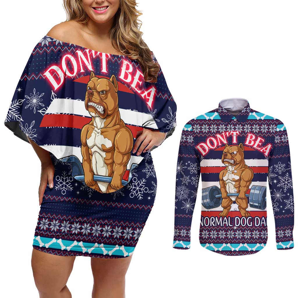 Don't Be A Normal Dog Dad Christmas Couples Matching Off Shoulder Short Dress and Long Sleeve Button Shirt Funny Xmas Holiday Patterns - Wonder Print Shop