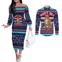 Don't Be A Normal Dog Dad Christmas Couples Matching Off The Shoulder Long Sleeve Dress and Long Sleeve Button Shirt Funny Xmas Holiday Patterns - Wonder Print Shop
