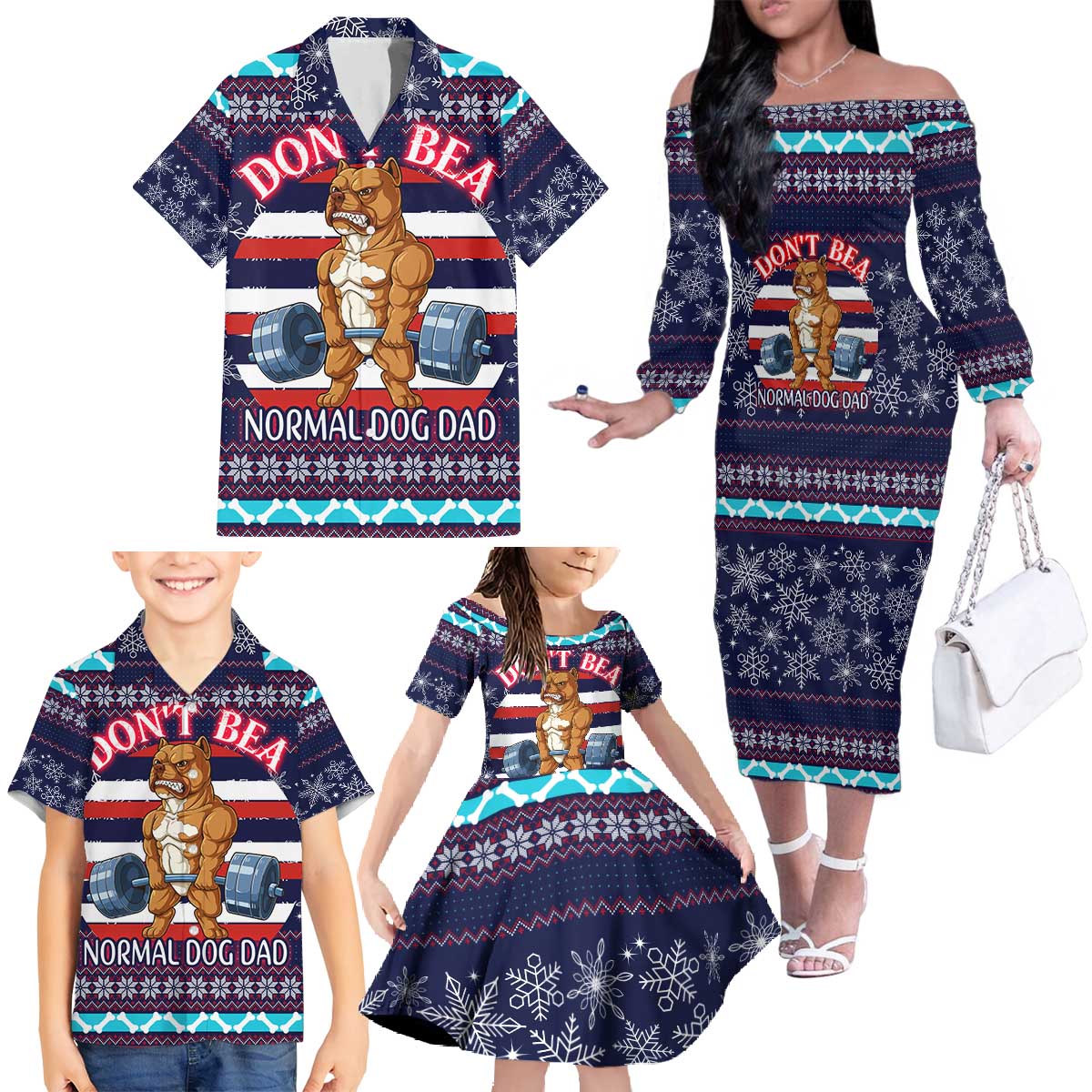 Don't Be A Normal Dog Dad Christmas Family Matching Off The Shoulder Long Sleeve Dress and Hawaiian Shirt Funny Xmas Holiday Patterns - Wonder Print Shop