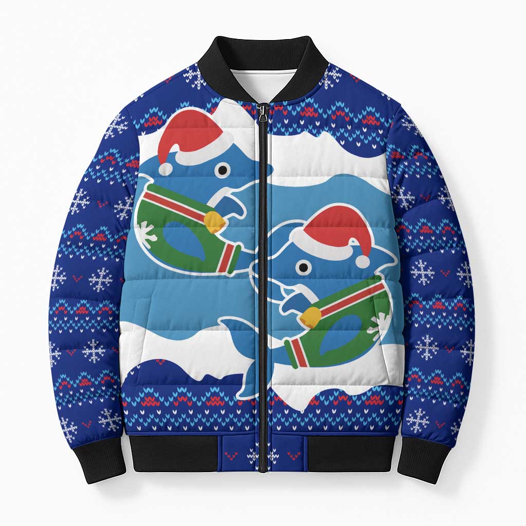 Dolphin Couple Christmas Bomber Puffer Jacket Funny Xmas Holiday Patterns - Wonder Print Shop