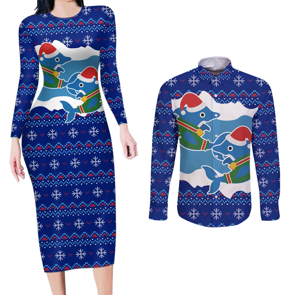 Dolphin Couple Christmas Couples Matching Long Sleeve Bodycon Dress and Long Sleeve Button Shirt Funny Xmas Holiday Patterns - Wonder Print Shop