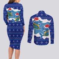 Dolphin Couple Christmas Couples Matching Long Sleeve Bodycon Dress and Long Sleeve Button Shirt Funny Xmas Holiday Patterns - Wonder Print Shop