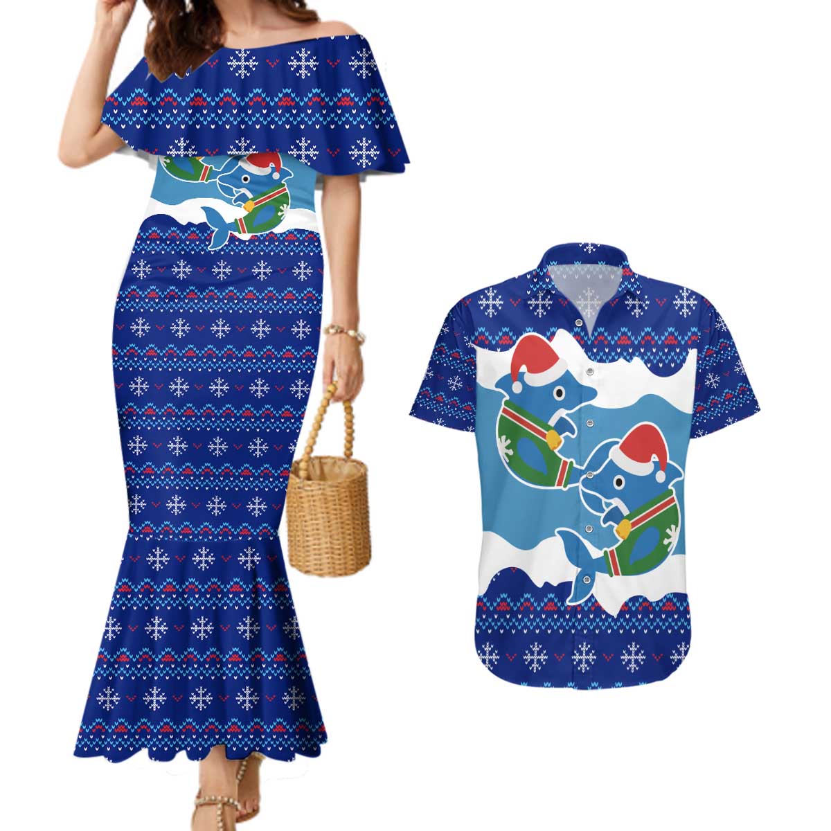 Dolphin Couple Christmas Couples Matching Mermaid Dress and Hawaiian Shirt Funny Xmas Holiday Patterns - Wonder Print Shop