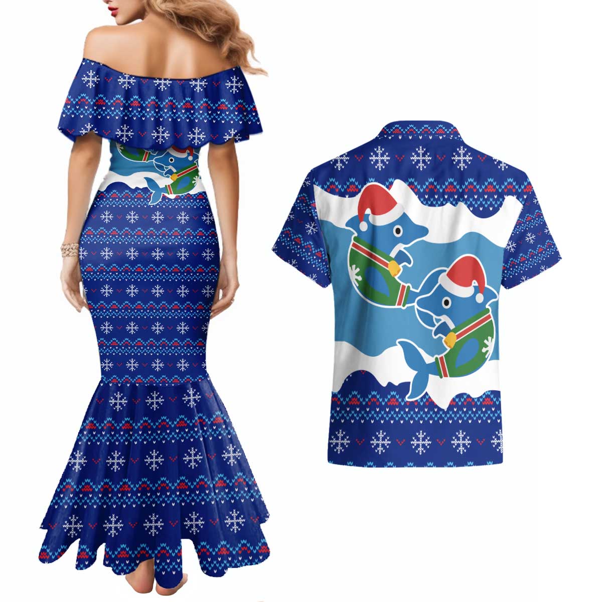 Dolphin Couple Christmas Couples Matching Mermaid Dress and Hawaiian Shirt Funny Xmas Holiday Patterns - Wonder Print Shop