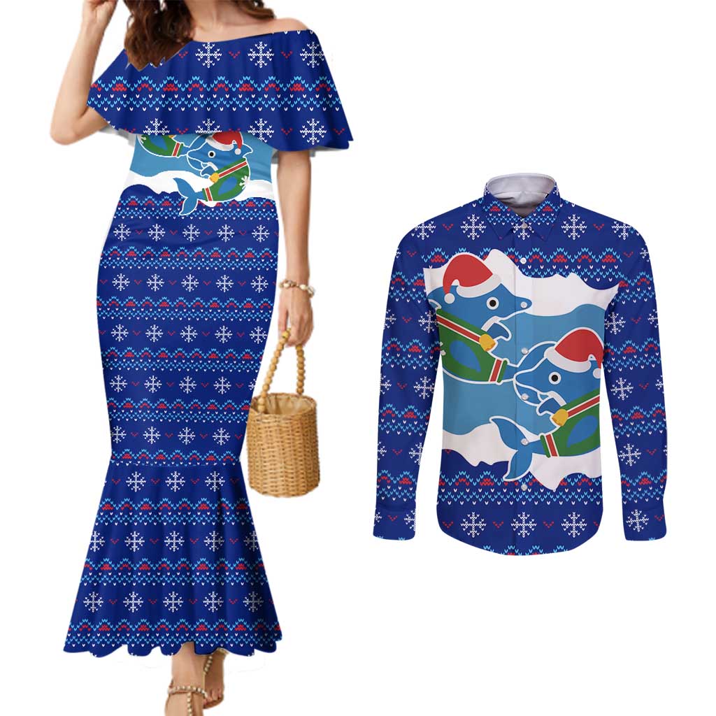 Dolphin Couple Christmas Couples Matching Mermaid Dress and Long Sleeve Button Shirt Funny Xmas Holiday Patterns - Wonder Print Shop
