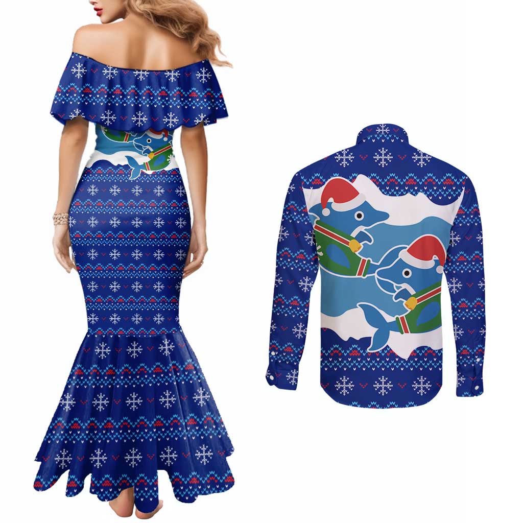Dolphin Couple Christmas Couples Matching Mermaid Dress and Long Sleeve Button Shirt Funny Xmas Holiday Patterns - Wonder Print Shop