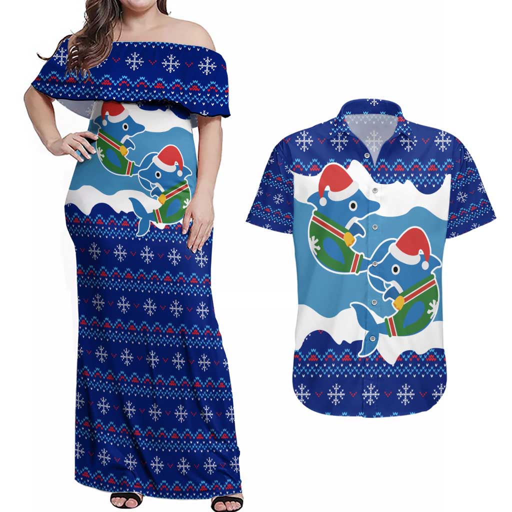 Dolphin Couple Christmas Couples Matching Off Shoulder Maxi Dress and Hawaiian Shirt Funny Xmas Holiday Patterns - Wonder Print Shop