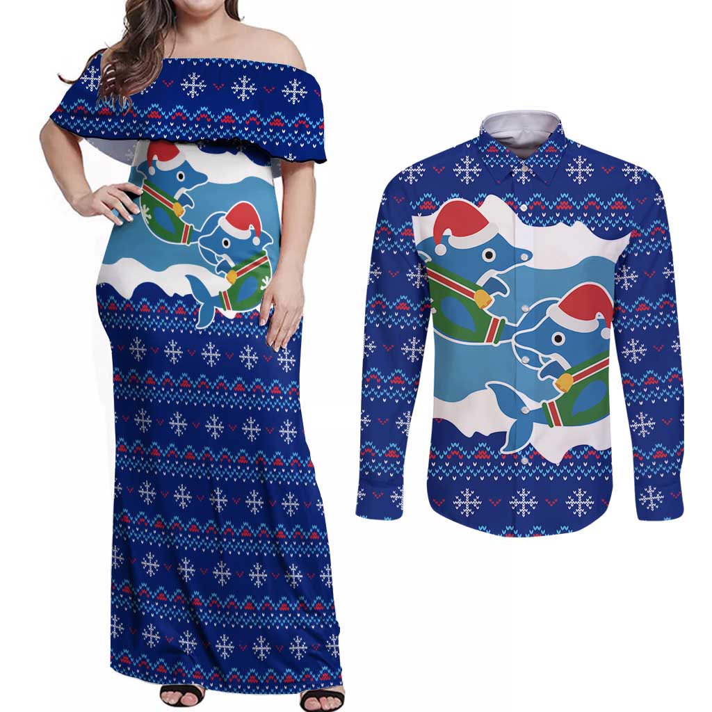 Dolphin Couple Christmas Couples Matching Off Shoulder Maxi Dress and Long Sleeve Button Shirt Funny Xmas Holiday Patterns - Wonder Print Shop