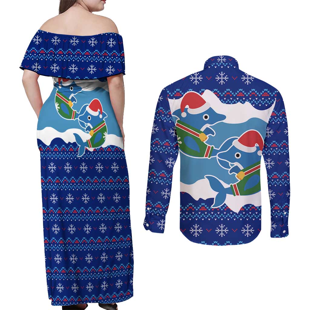 Dolphin Couple Christmas Couples Matching Off Shoulder Maxi Dress and Long Sleeve Button Shirt Funny Xmas Holiday Patterns - Wonder Print Shop