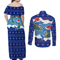 Dolphin Couple Christmas Couples Matching Off Shoulder Maxi Dress and Long Sleeve Button Shirt Funny Xmas Holiday Patterns - Wonder Print Shop