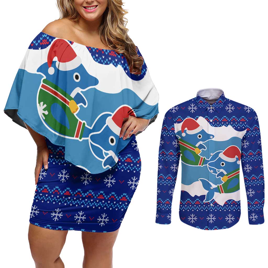 Dolphin Couple Christmas Couples Matching Off Shoulder Short Dress and Long Sleeve Button Shirt Funny Xmas Holiday Patterns - Wonder Print Shop