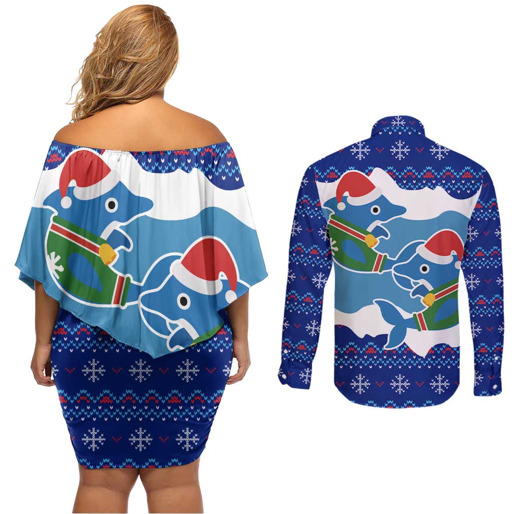 Dolphin Couple Christmas Couples Matching Off Shoulder Short Dress and Long Sleeve Button Shirt Funny Xmas Holiday Patterns - Wonder Print Shop