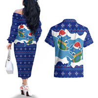 Dolphin Couple Christmas Couples Matching Off The Shoulder Long Sleeve Dress and Hawaiian Shirt Funny Xmas Holiday Patterns - Wonder Print Shop