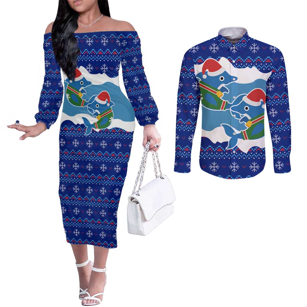 Dolphin Couple Christmas Couples Matching Off The Shoulder Long Sleeve Dress and Long Sleeve Button Shirt Funny Xmas Holiday Patterns - Wonder Print Shop