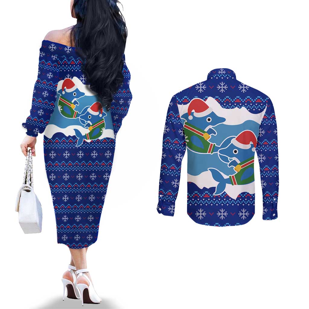 Dolphin Couple Christmas Couples Matching Off The Shoulder Long Sleeve Dress and Long Sleeve Button Shirt Funny Xmas Holiday Patterns - Wonder Print Shop