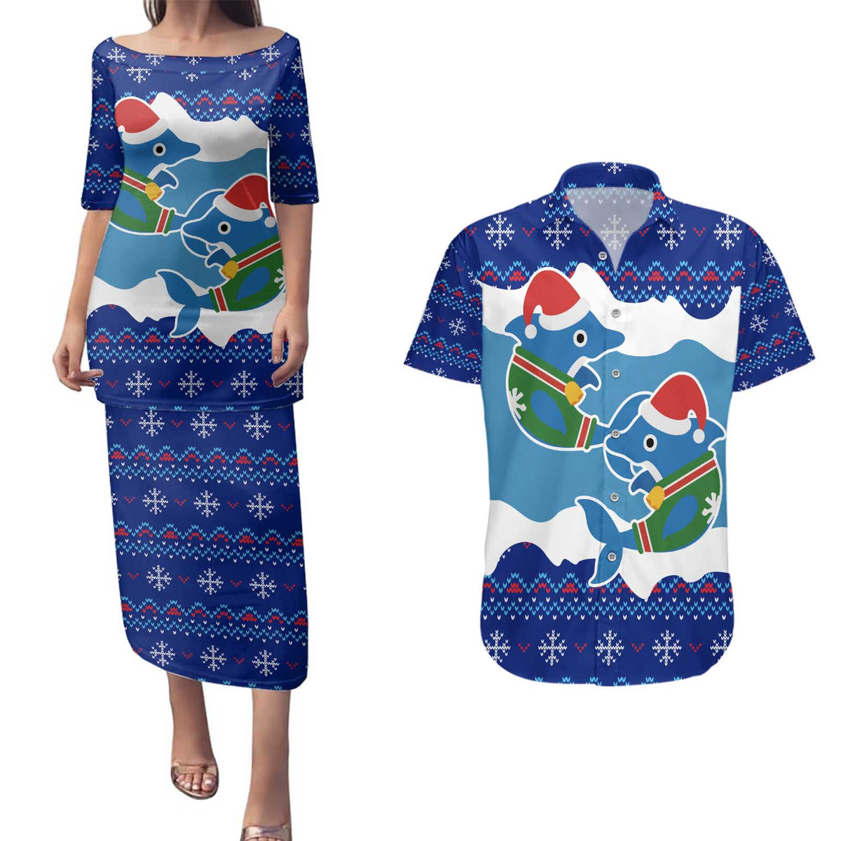 Dolphin Couple Christmas Couples Matching Puletasi and Hawaiian Shirt Funny Xmas Holiday Patterns - Wonder Print Shop