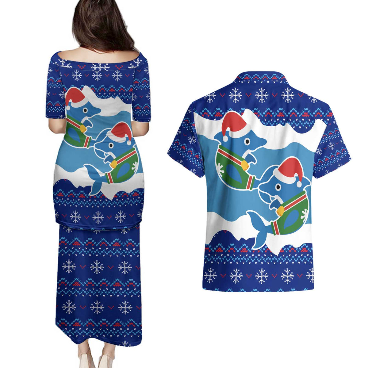 Dolphin Couple Christmas Couples Matching Puletasi and Hawaiian Shirt Funny Xmas Holiday Patterns - Wonder Print Shop