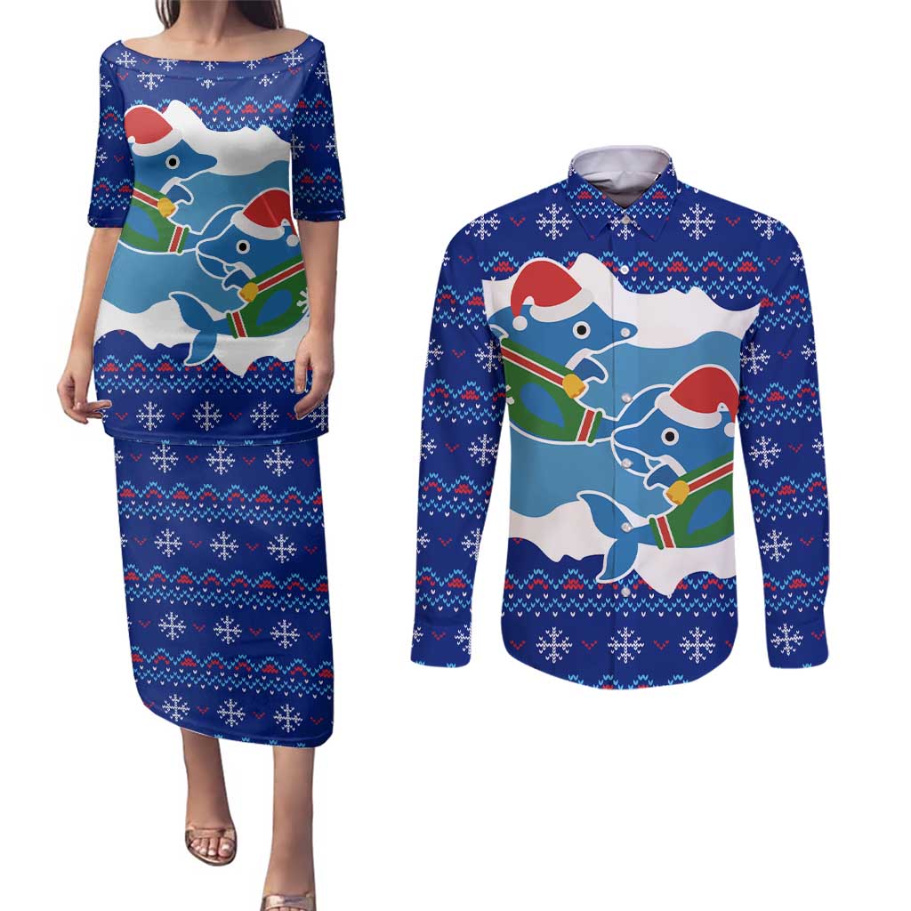 Dolphin Couple Christmas Couples Matching Puletasi and Long Sleeve Button Shirt Funny Xmas Holiday Patterns - Wonder Print Shop