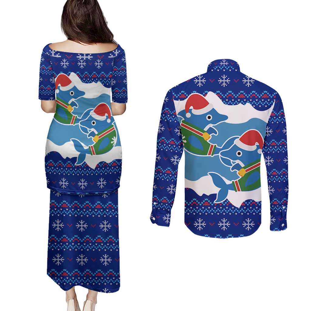 Dolphin Couple Christmas Couples Matching Puletasi and Long Sleeve Button Shirt Funny Xmas Holiday Patterns - Wonder Print Shop