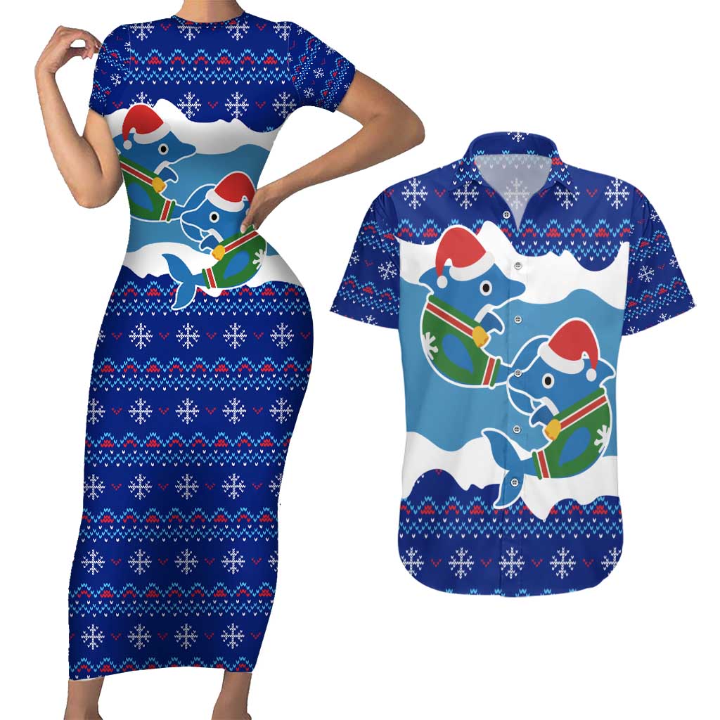 Dolphin Couple Christmas Couples Matching Short Sleeve Bodycon Dress and Hawaiian Shirt Funny Xmas Holiday Patterns - Wonder Print Shop