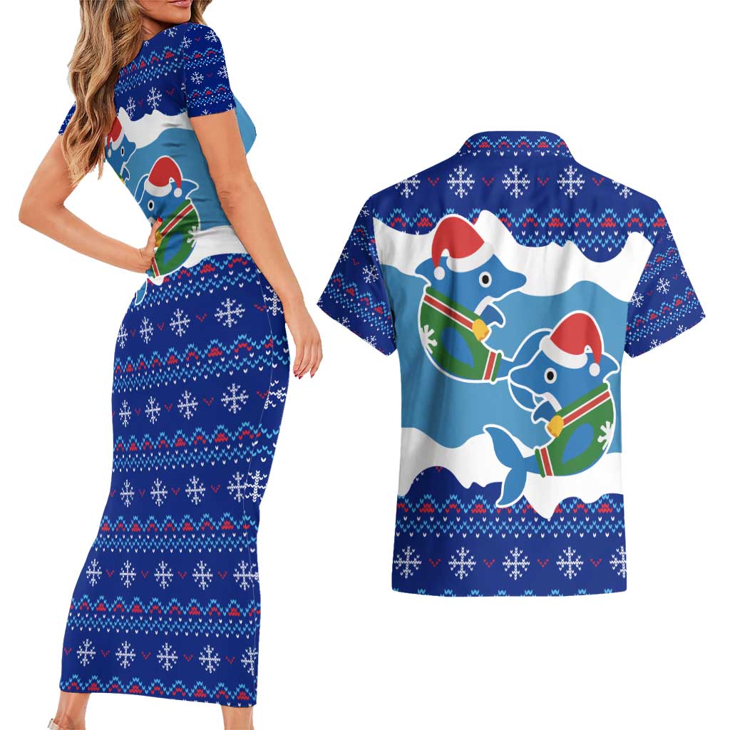 Dolphin Couple Christmas Couples Matching Short Sleeve Bodycon Dress and Hawaiian Shirt Funny Xmas Holiday Patterns - Wonder Print Shop