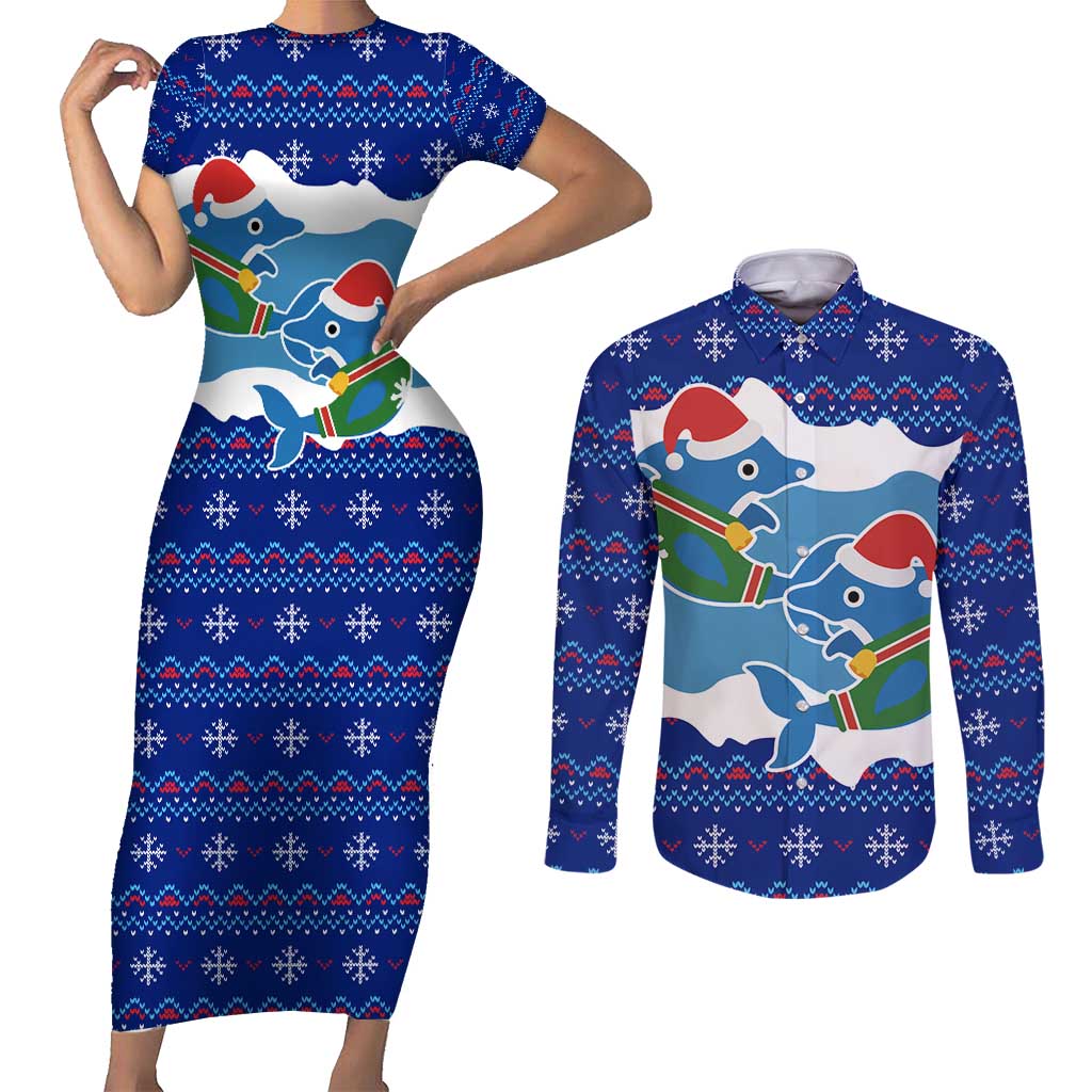 Dolphin Couple Christmas Couples Matching Short Sleeve Bodycon Dress and Long Sleeve Button Shirt Funny Xmas Holiday Patterns - Wonder Print Shop