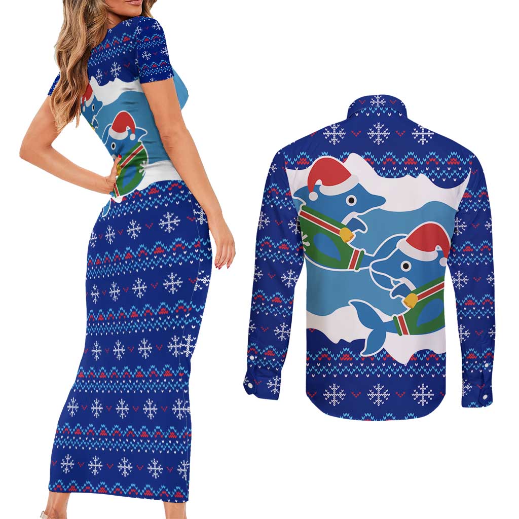 Dolphin Couple Christmas Couples Matching Short Sleeve Bodycon Dress and Long Sleeve Button Shirt Funny Xmas Holiday Patterns - Wonder Print Shop