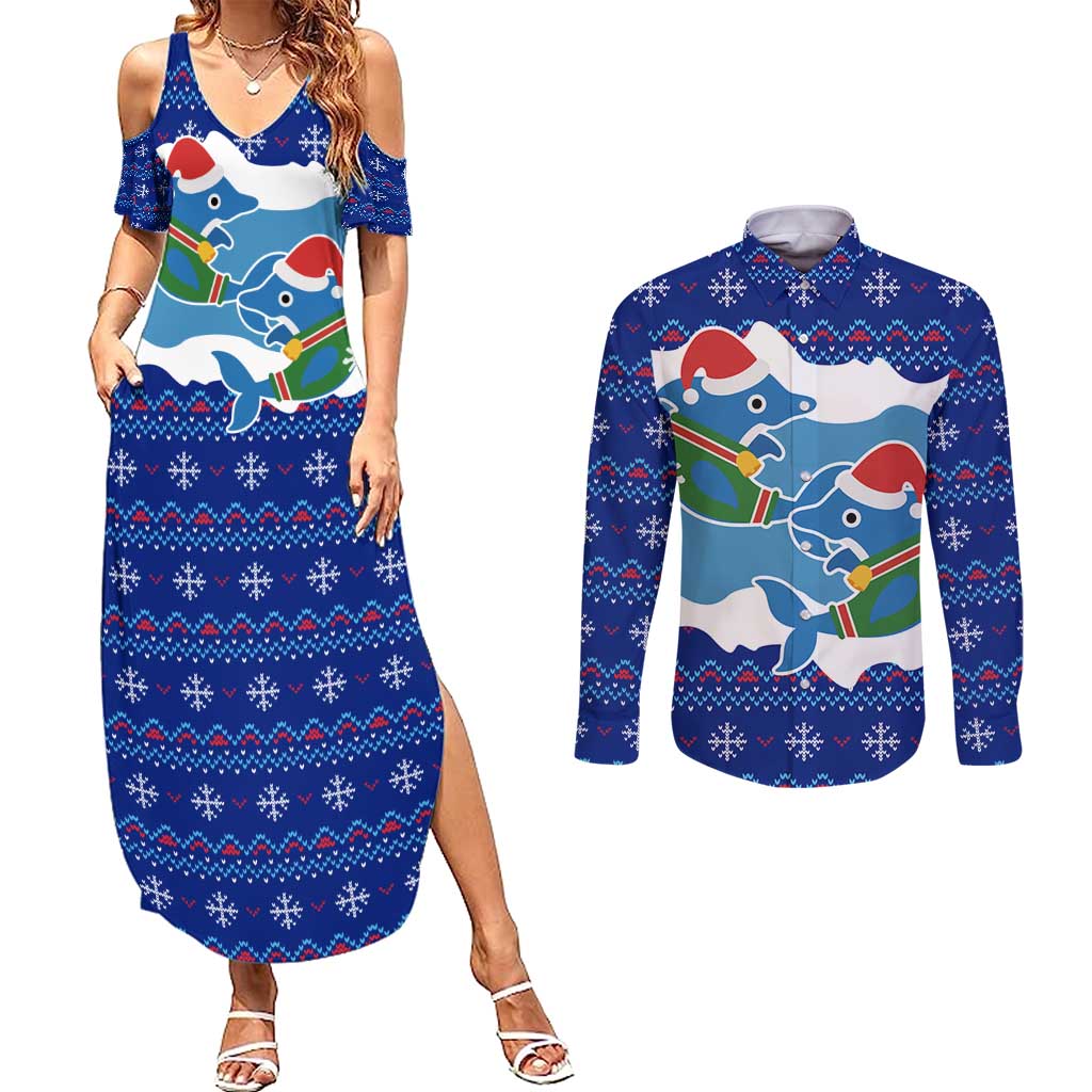 Dolphin Couple Christmas Couples Matching Summer Maxi Dress and Long Sleeve Button Shirt Funny Xmas Holiday Patterns - Wonder Print Shop