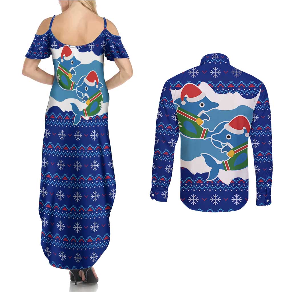 Dolphin Couple Christmas Couples Matching Summer Maxi Dress and Long Sleeve Button Shirt Funny Xmas Holiday Patterns - Wonder Print Shop