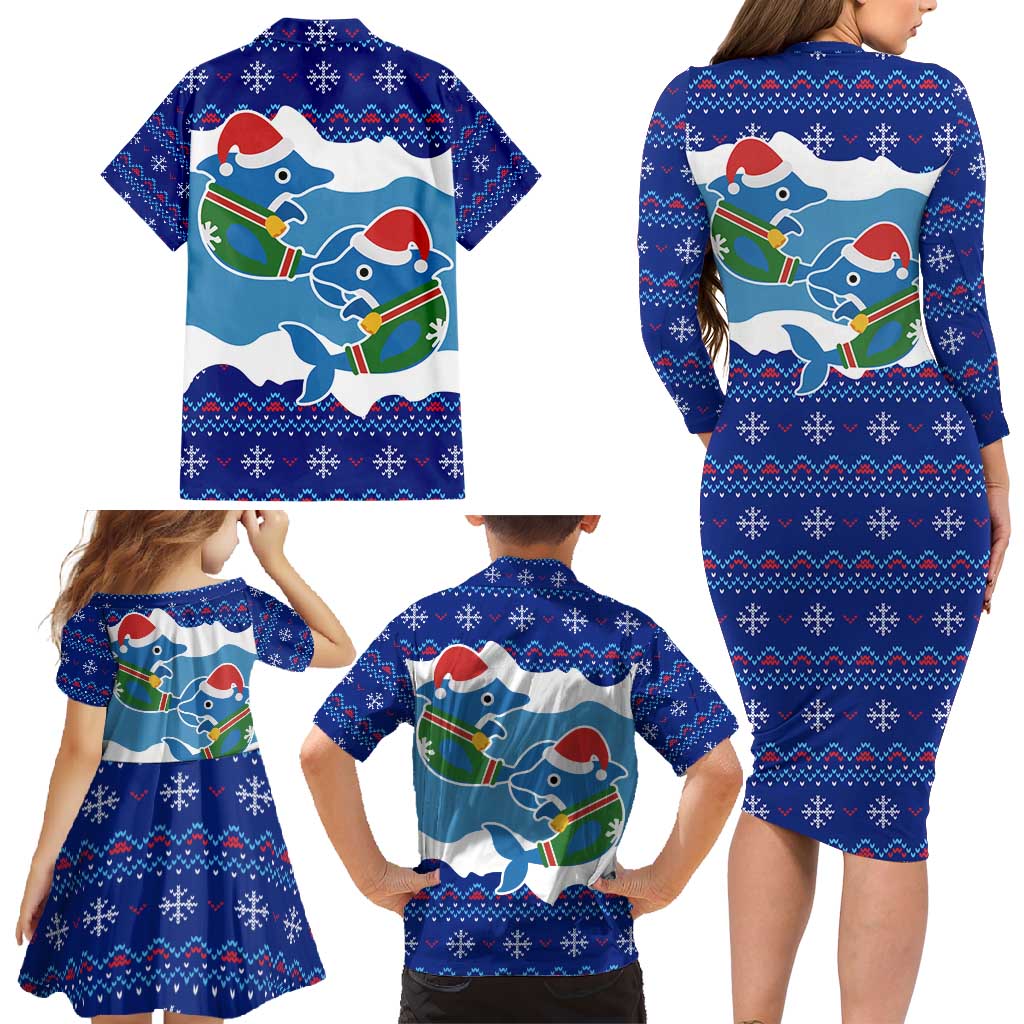 Dolphin Couple Christmas Family Matching Long Sleeve Bodycon Dress and Hawaiian Shirt Funny Xmas Holiday Patterns - Wonder Print Shop