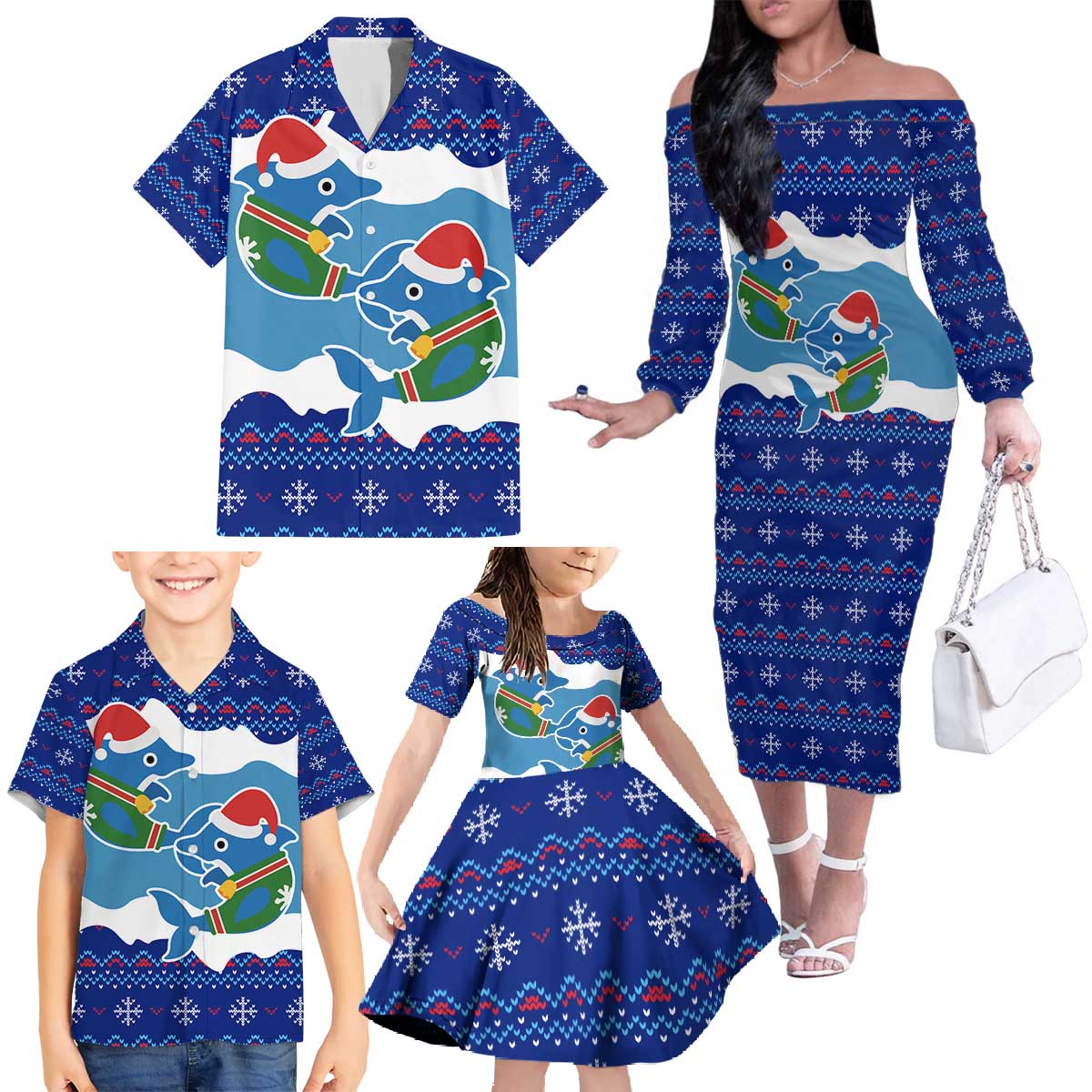 Dolphin Couple Christmas Family Matching Off The Shoulder Long Sleeve Dress and Hawaiian Shirt Funny Xmas Holiday Patterns - Wonder Print Shop