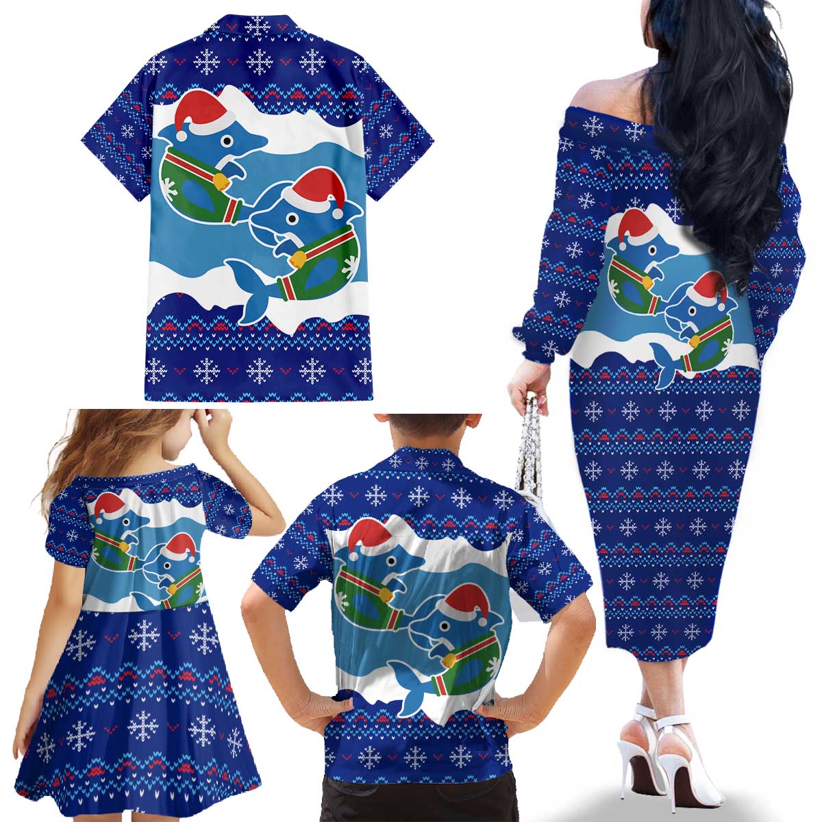 Dolphin Couple Christmas Family Matching Off The Shoulder Long Sleeve Dress and Hawaiian Shirt Funny Xmas Holiday Patterns - Wonder Print Shop