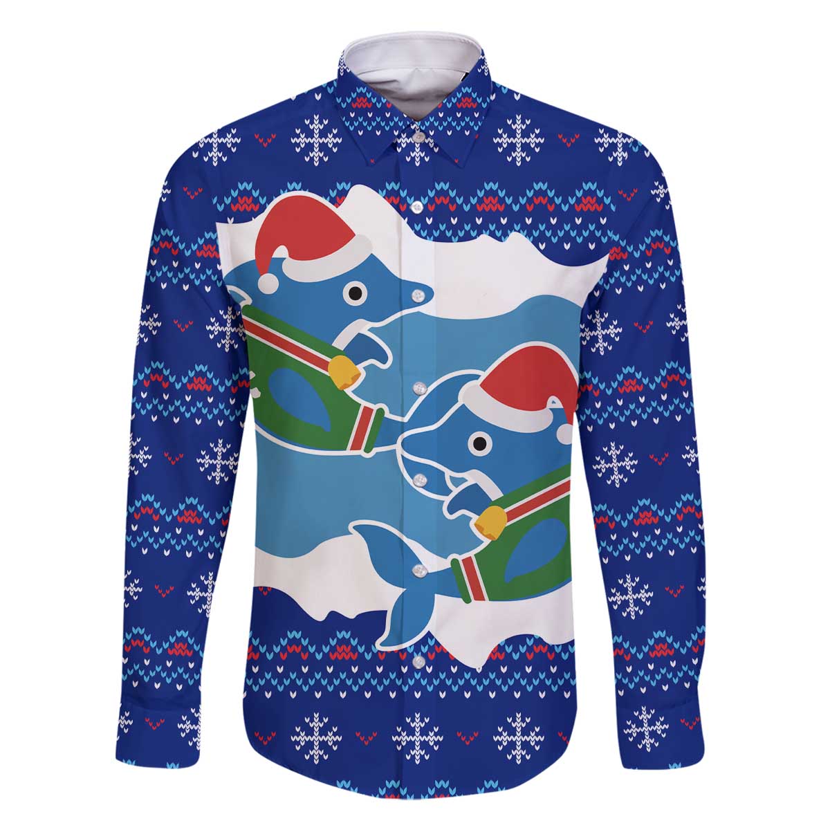 Dolphin Couple Christmas Family Matching Off The Shoulder Long Sleeve Dress and Hawaiian Shirt Funny Xmas Holiday Patterns - Wonder Print Shop