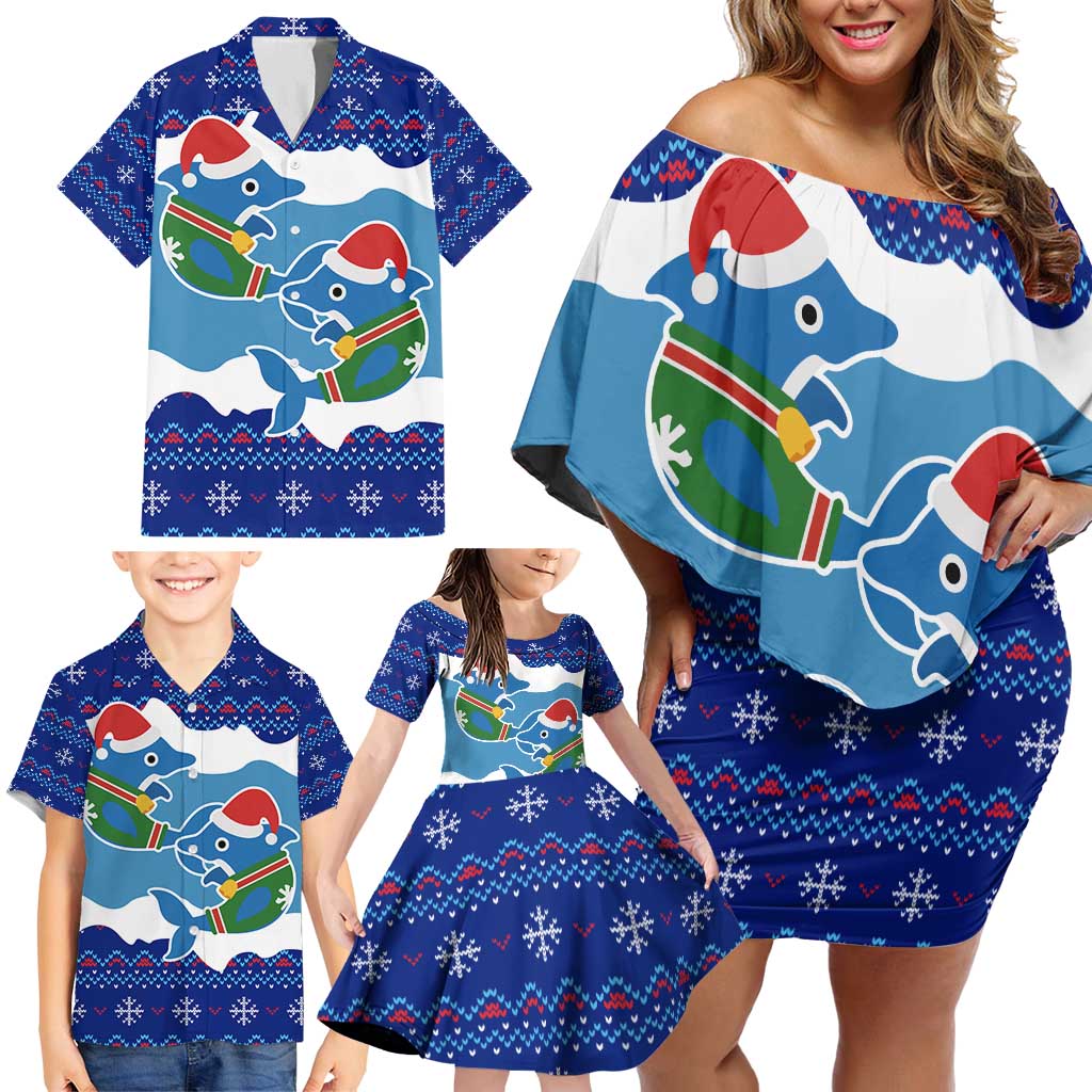 Dolphin Couple Christmas Family Matching Off Shoulder Short Dress and Hawaiian Shirt Funny Xmas Holiday Patterns - Wonder Print Shop