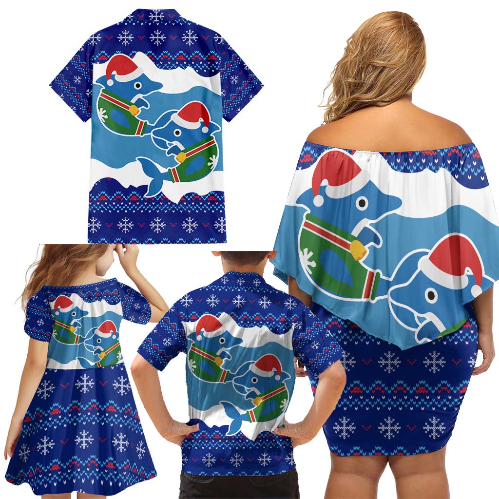 Dolphin Couple Christmas Family Matching Off Shoulder Short Dress and Hawaiian Shirt Funny Xmas Holiday Patterns - Wonder Print Shop