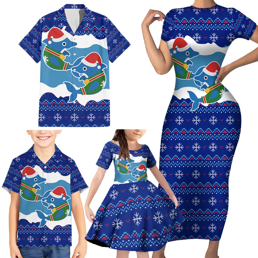 Dolphin Couple Christmas Family Matching Short Sleeve Bodycon Dress and Hawaiian Shirt Funny Xmas Holiday Patterns - Wonder Print Shop