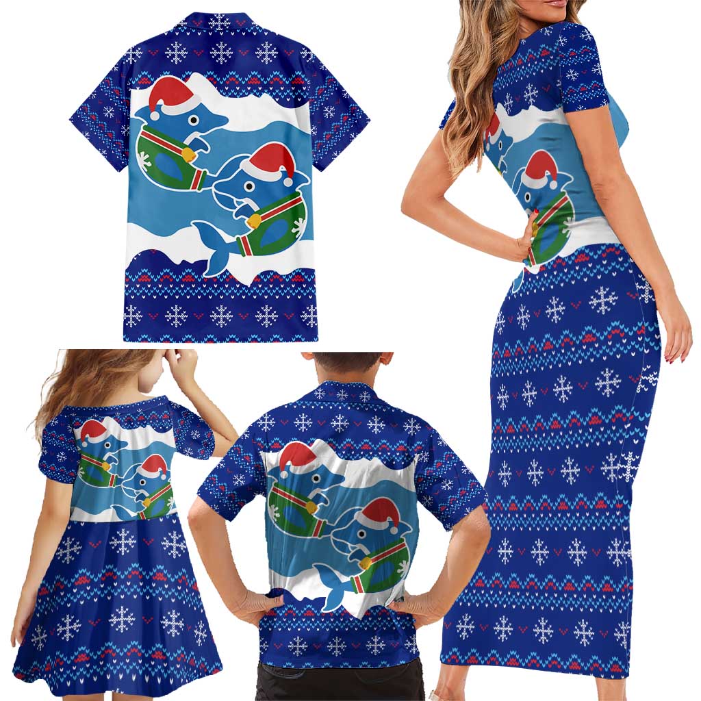 Dolphin Couple Christmas Family Matching Short Sleeve Bodycon Dress and Hawaiian Shirt Funny Xmas Holiday Patterns - Wonder Print Shop