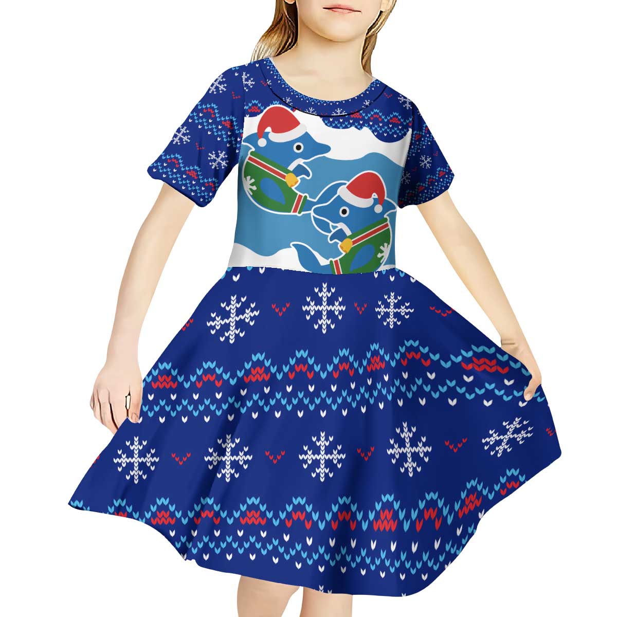 Dolphin Couple Christmas Kid Short Sleeve Dress Funny Xmas Holiday Patterns - Wonder Print Shop